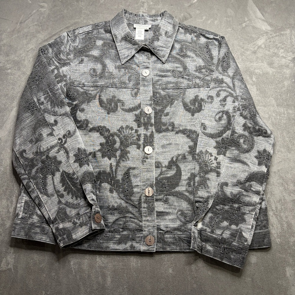 Coldwater Creek Button Jacket Women L Gray Floral Paisley Beaded Velvet Tapestry - Picture 2 of 9